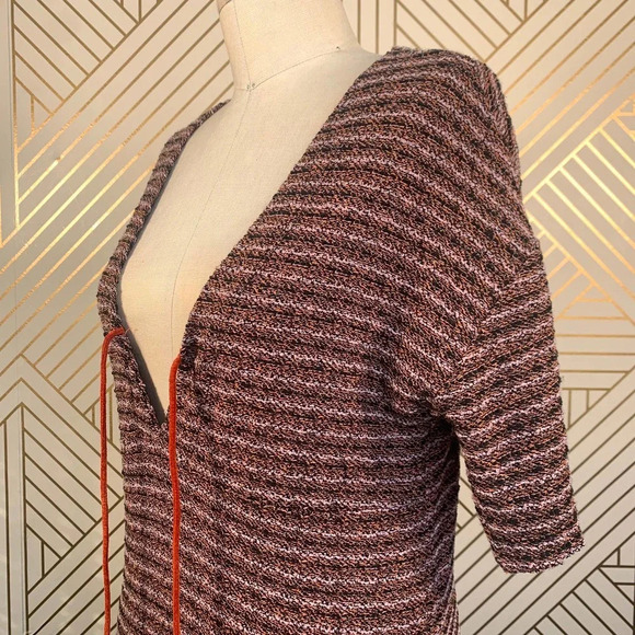 Zara Tweed Pink Orange Stripe Tie Neck Short Sleeve Mini Dress Size Small - Picture 6 of 11